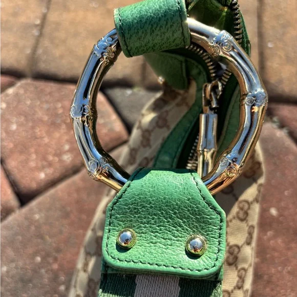 Vintage Gucci Shoulder Bag GG Pattern Bamboo 131036 Beige Brown Green Leather - Picture 8 of 16